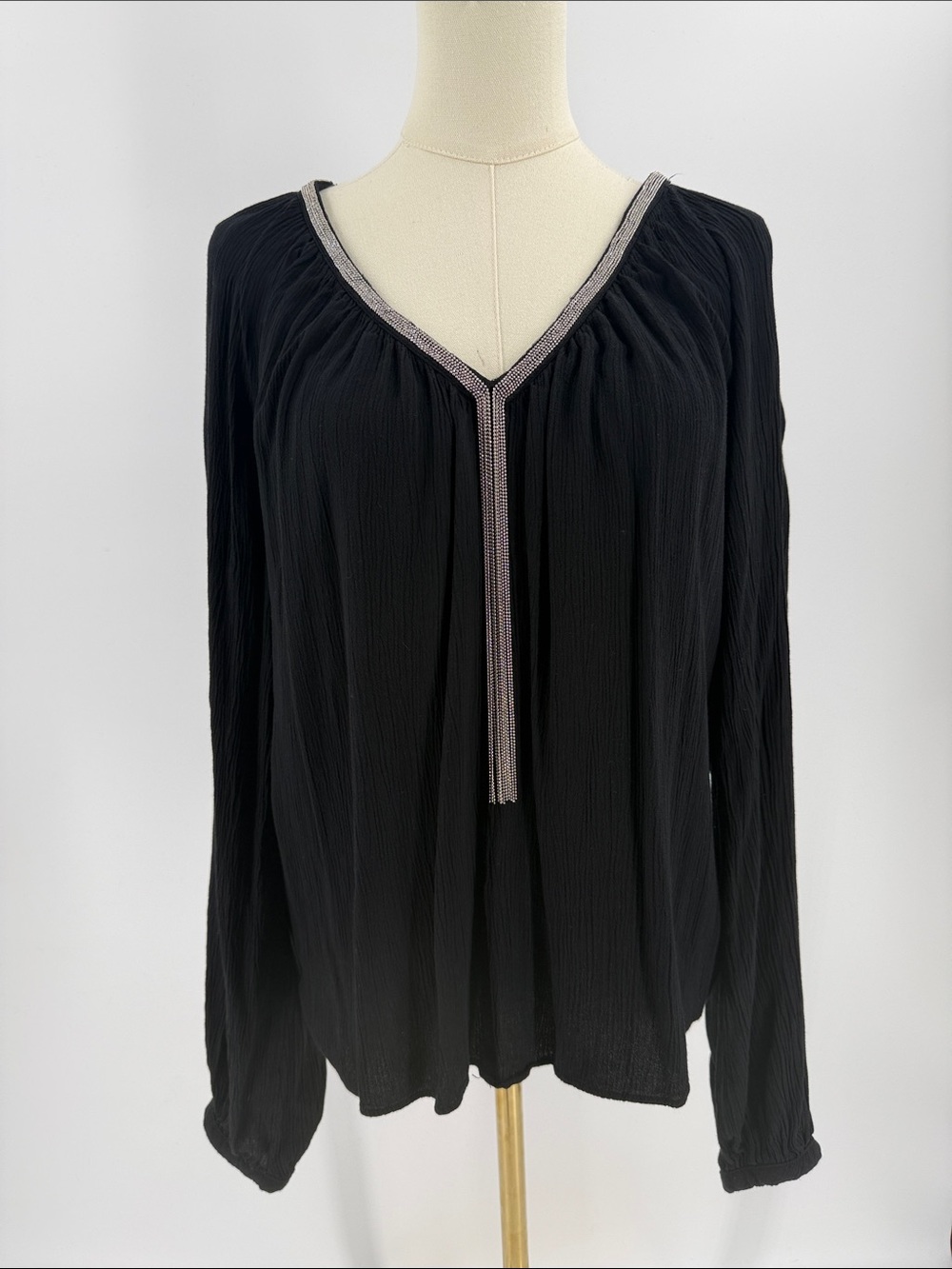 Black Long-Sleeve V-Neck Top with Silver Trim
